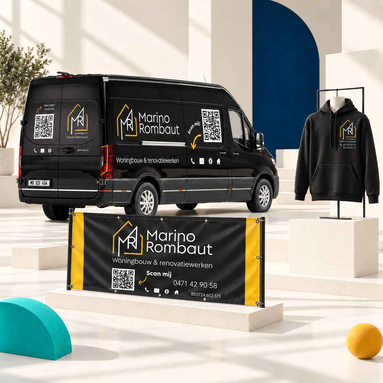 Marino Rombaut Bouwwerken – Branding en grafisch ontwerp voor Marino Rombaut Bouwwerken, toegepast op bedrijfswagen en werkkleding.