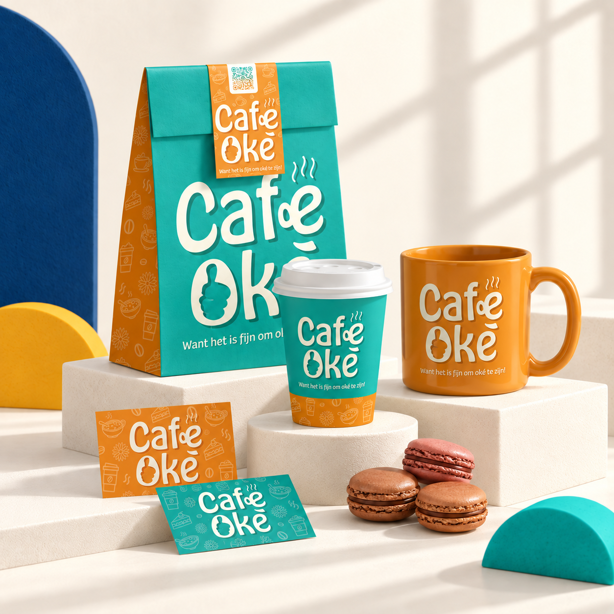 Café Oké – Huisstijl en verpakkingsdesign voor Café Oké met kleurrijke koffieverpakkingen en bekers.