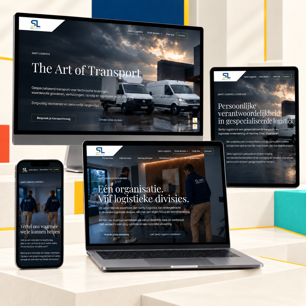 Website voor een Santy Logistics met modern webdesign op desktop, tablet en smartphone