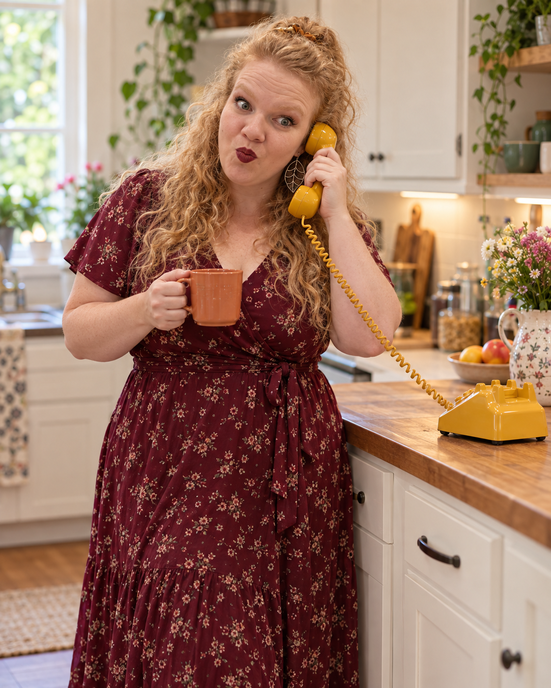 Lindsay Boon met koffiemok en gele retro-telefoon