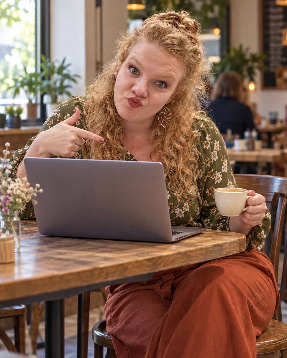 Lindsay Boon aan het werk op haar laptop met een kop koffie