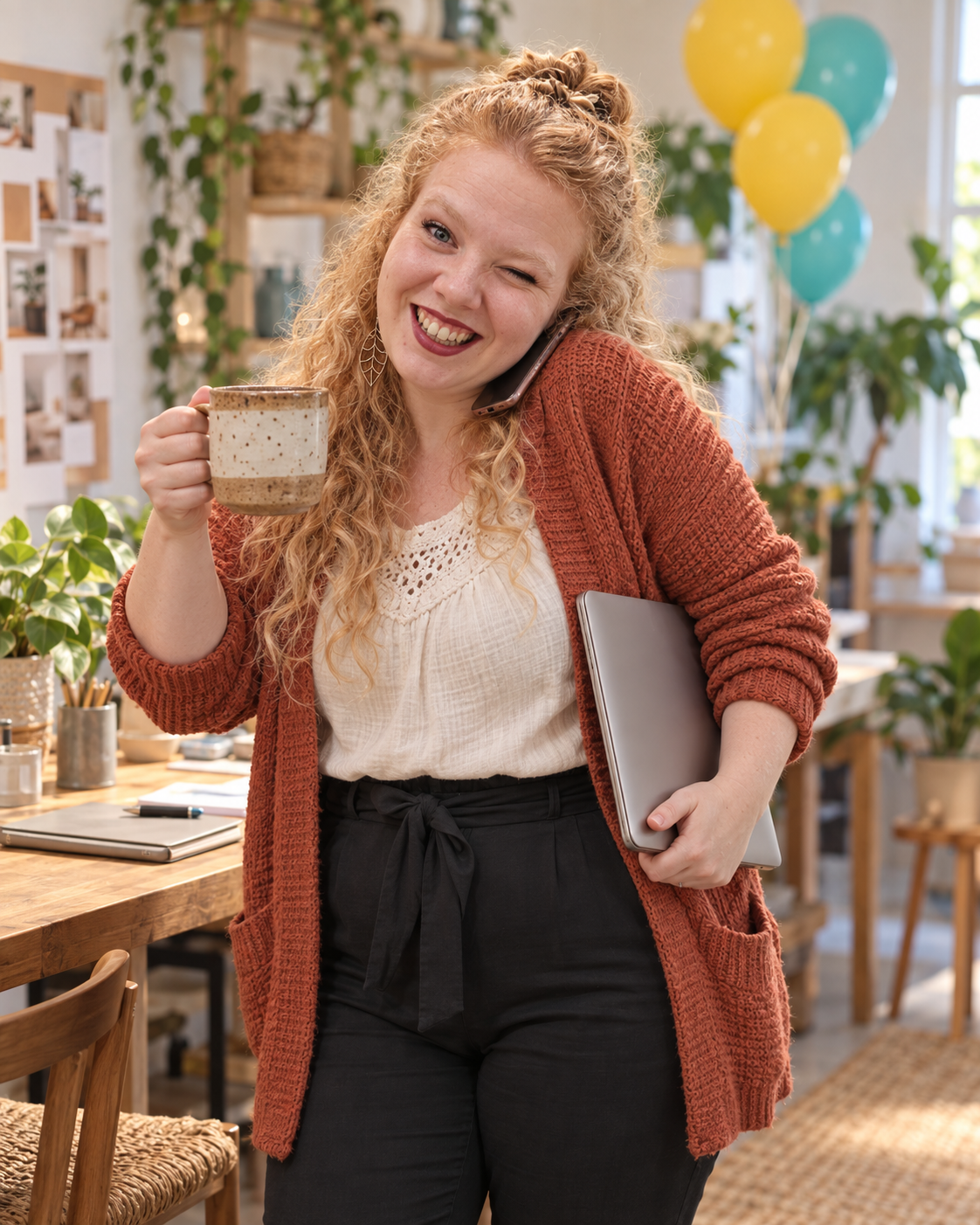 Lindsay Boon, zaakvoerster van Studio NenHoekaf, met koffiemok in de hand